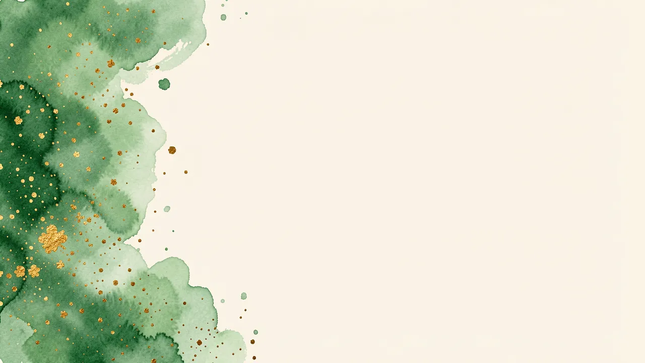 Loose green watercolor washes and gold splatters sit on the left of an empty cream background with copy space
