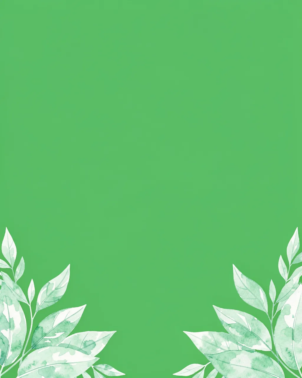 Solid fresh green background framed by watercolor leaves at the bottom left and right corners with empty upper space