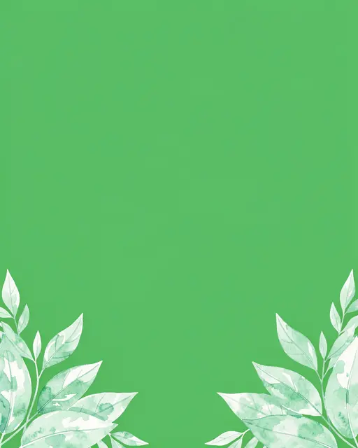 Solid fresh green background framed by watercolor leaves at the bottom left and right corners with empty upper space