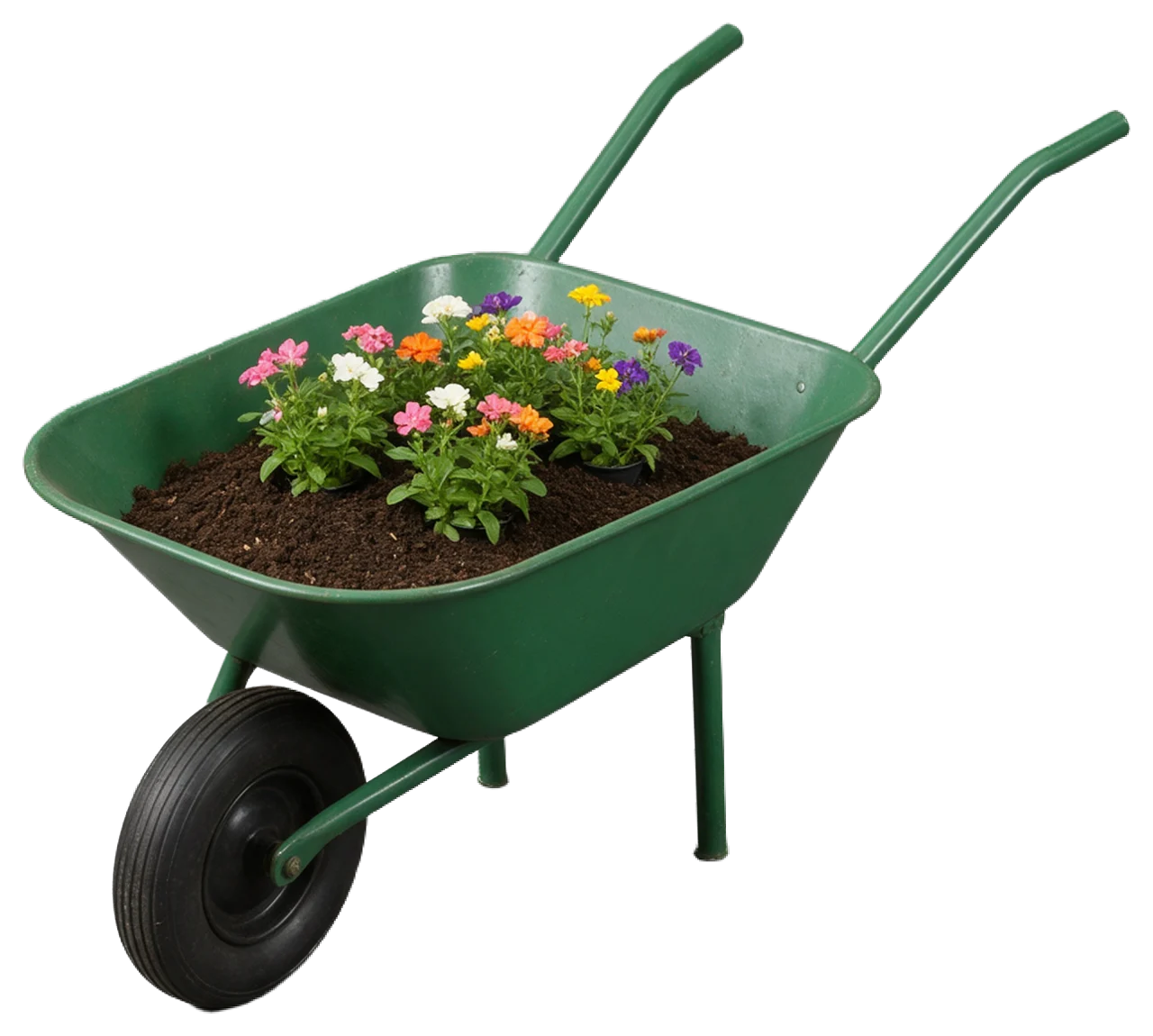 A green metal wheelbarrow filled with dark soil and assorted colorful potted flowering plants.