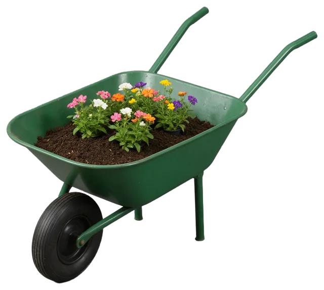 A green metal wheelbarrow filled with dark soil and assorted colorful potted flowering plants.