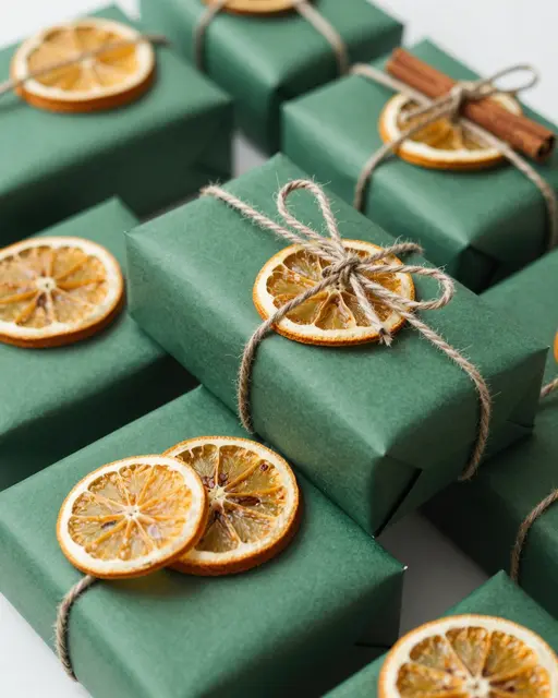 Arrangement of dark green wrapped holiday gifts decorated with dried orange slices, twine and cinnamon sticks.