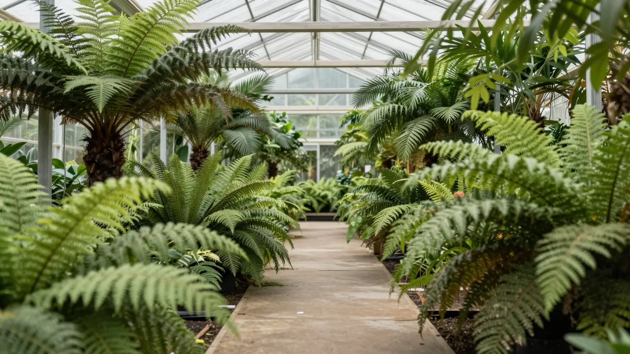 A concrete walkway runs down the center of a sunlit greenhouse lined with lush ferns and palm plants.
