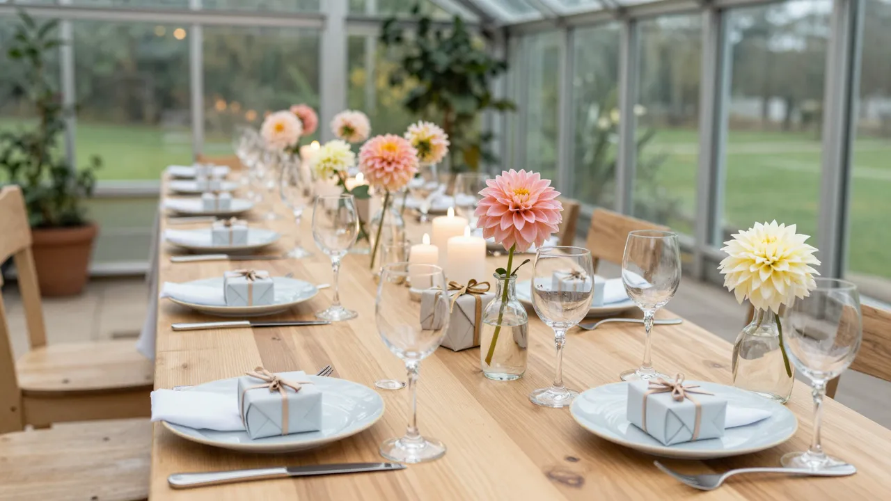 Long wooden dining table set for a celebration inside a glass greenhouse with dahlias, candles and small gifts at each place