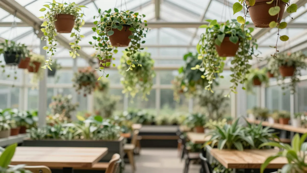 Sunlit greenhouse cafe lined with hanging potted plants, wooden tables and seating
