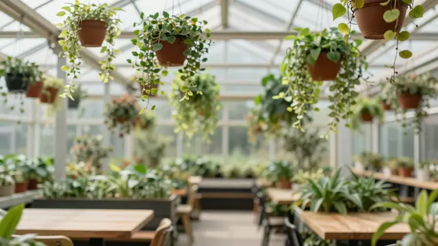 Sunlit greenhouse cafe lined with hanging potted plants, wooden tables and seating