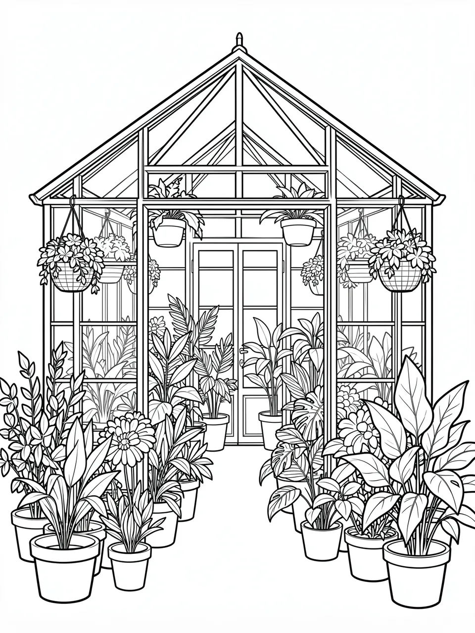 Black and white bold line art of a glass greenhouse filled with potted plants and hanging baskets on a plain white background