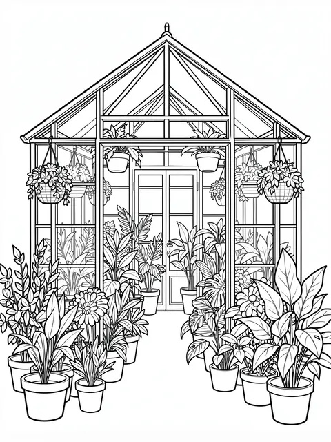 Black and white bold line art of a glass greenhouse filled with potted plants and hanging baskets on a plain white background