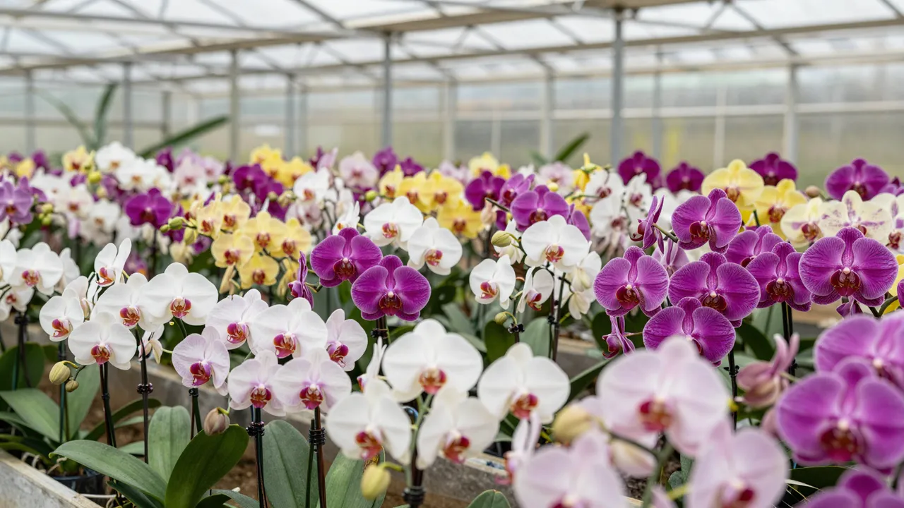 Rows of multicolored blooming orchids fill a sunlit glass greenhouse interior.