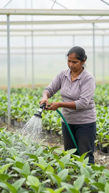 A South Asian woman waters greenhouse seedlings with a garden hose in soft misty light