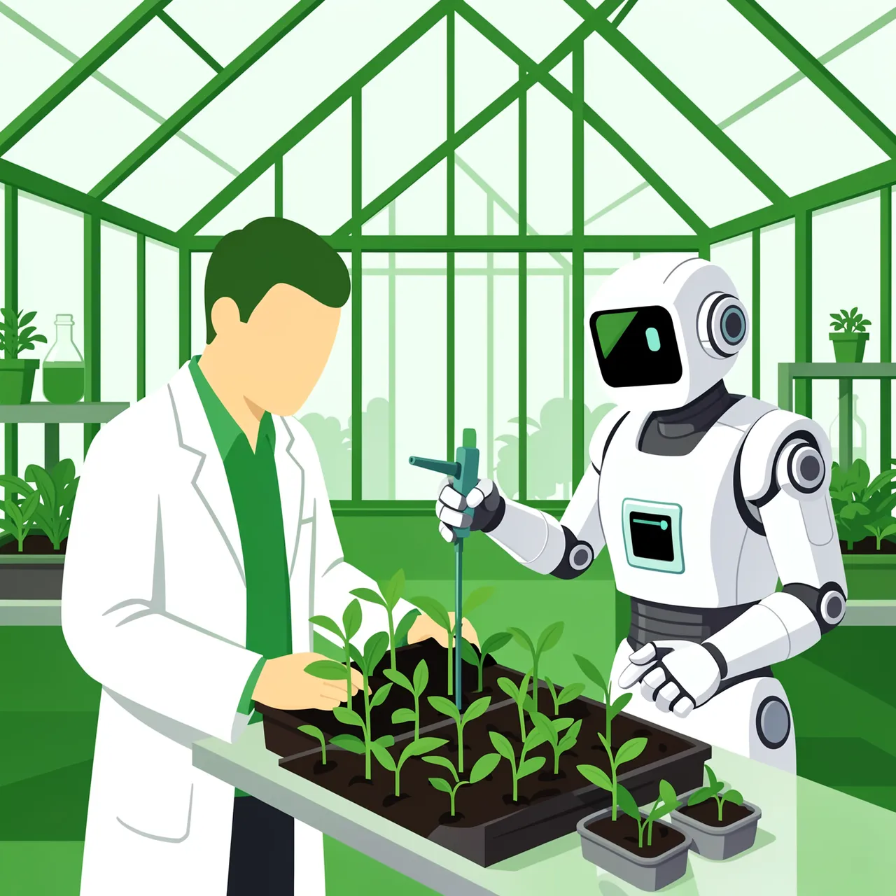 Faceless researcher and robot measure seedling growth inside a greenhouse lab