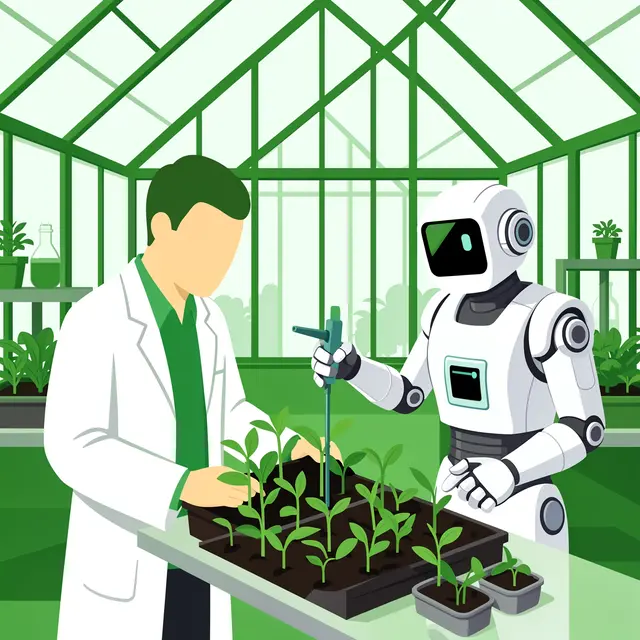 Faceless researcher and robot measure seedling growth inside a greenhouse lab