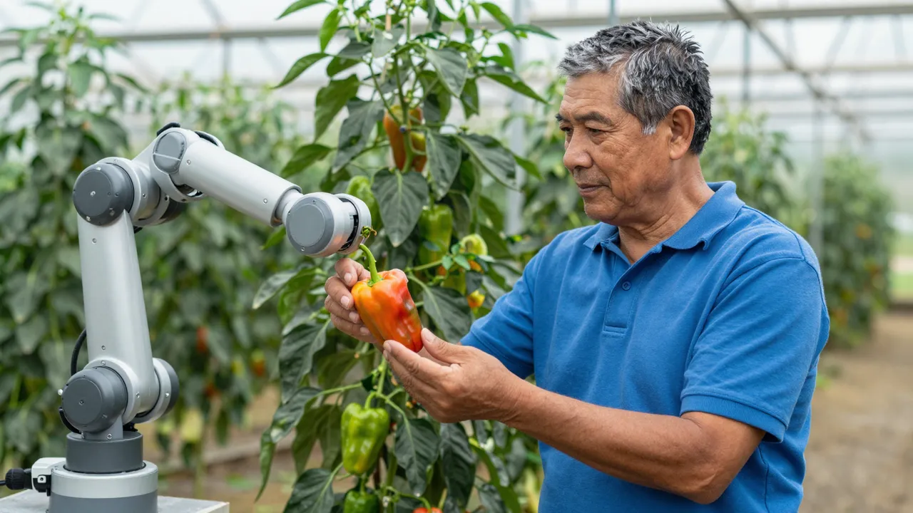 Older Pacific Islander man examines a bell pepper held by a robotic arm in a greenhouse