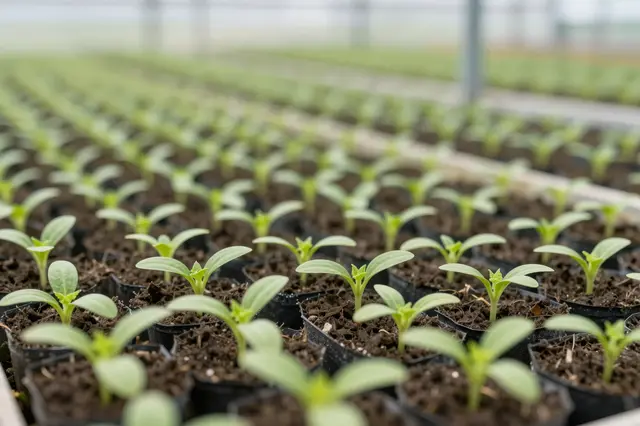 Rows of small potted seedlings grow in neat rows inside a research greenhouse
