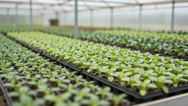 Rows of black trays filled with young green seedlings sit inside a diffused light nursery greenhouse