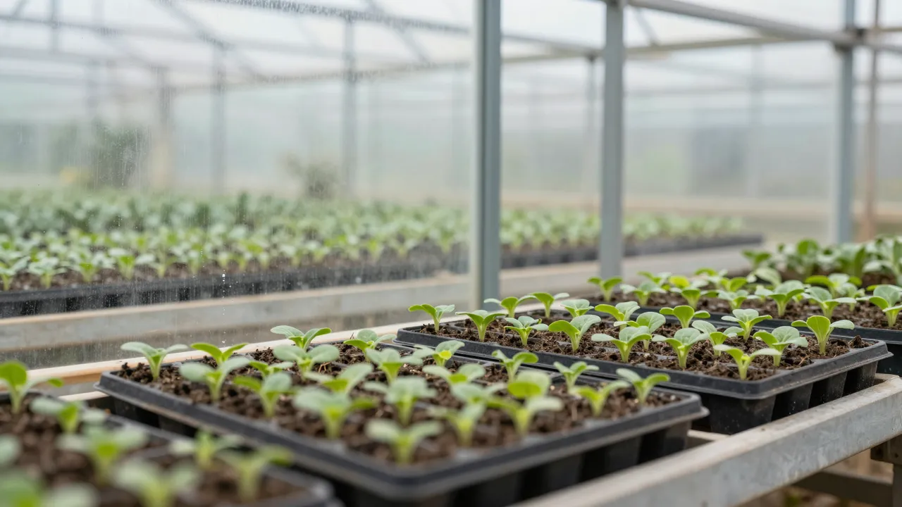 Rows of seedling trays holding young plants sit on a potting bench inside a misted glass greenhouse