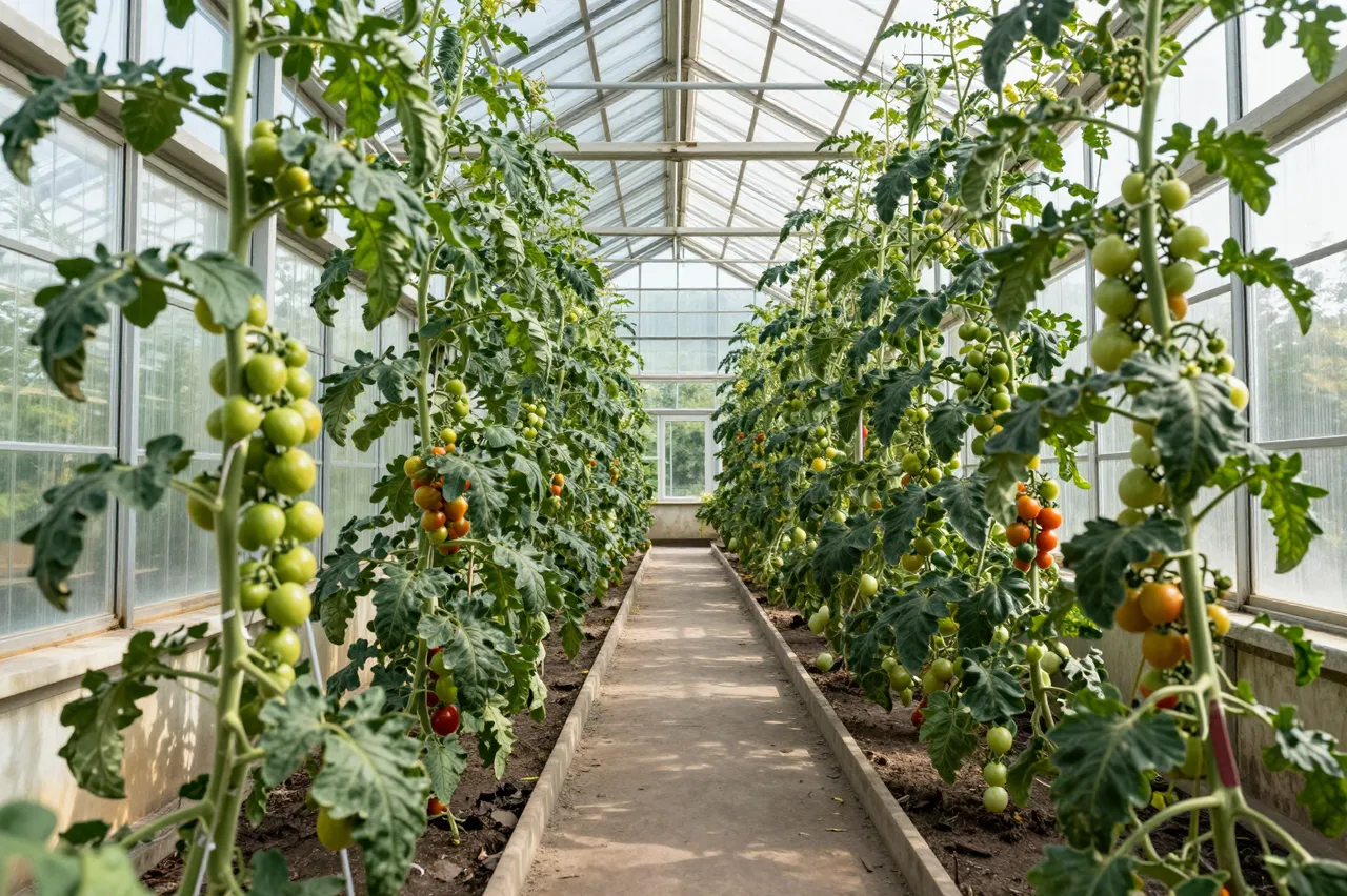 Morning light fills a glasshouse with rows of ripening tomato vines lining a straight central walkway