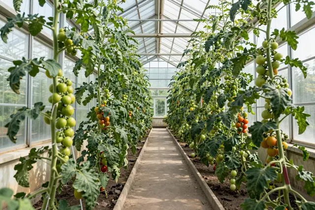 Morning light fills a glasshouse with rows of ripening tomato vines lining a straight central walkway