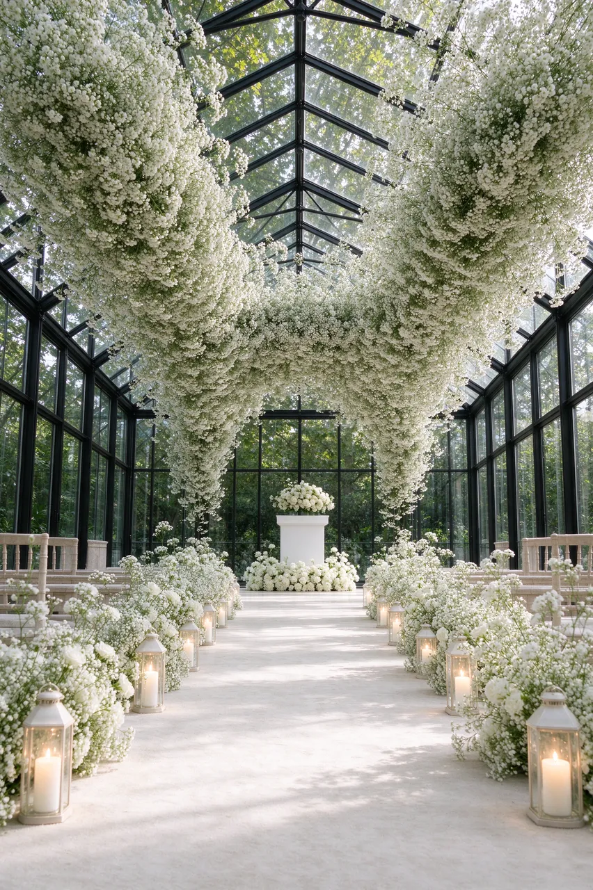 Elegant wedding aisle lined with gypsophila and lanterns inside a glass greenhouse