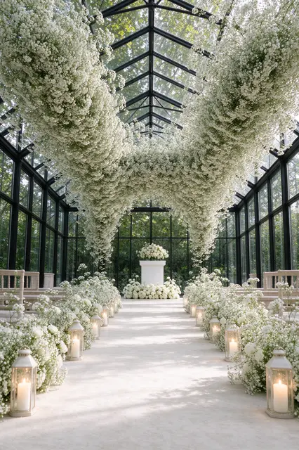 Elegant wedding aisle lined with gypsophila and lanterns inside a glass greenhouse