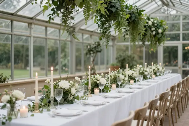 Long wedding banquet table set with white linens, florals and candles inside a sunlit glass greenhouse.