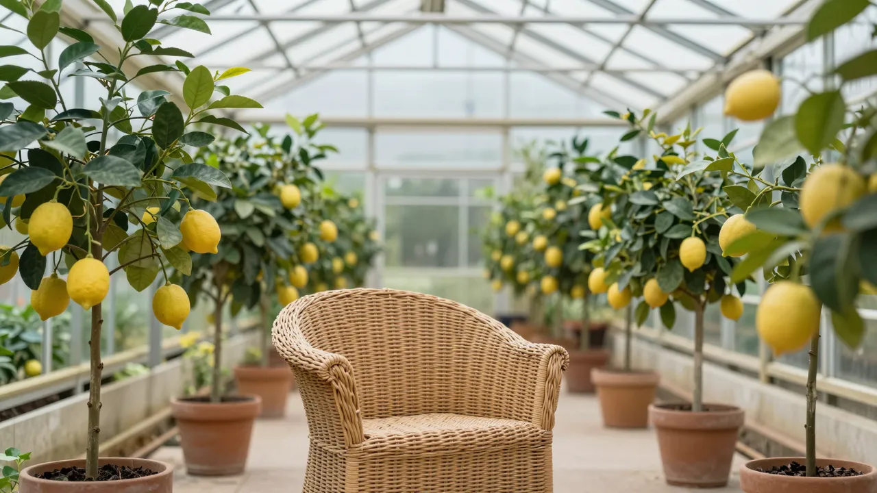 A natural wicker armchair sits centered between potted lemon trees inside a sunlit glass greenhouse