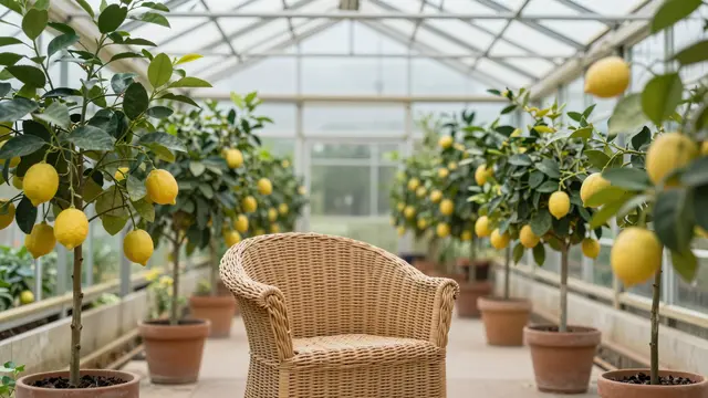 A natural wicker armchair sits centered between potted lemon trees inside a sunlit glass greenhouse