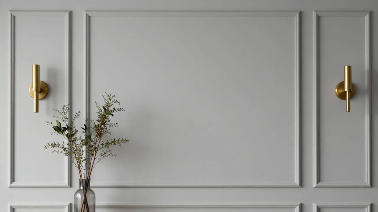 Paneled greige interior wall with matching brass sconces and a glass vase of leafy branches in the lower left