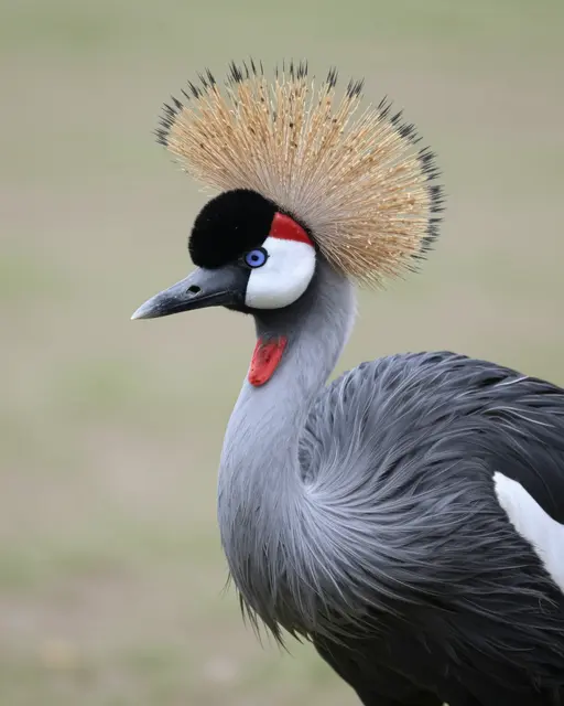 Close-up profile portrait of a grey crowned crane showing its distinctive golden spiky crest