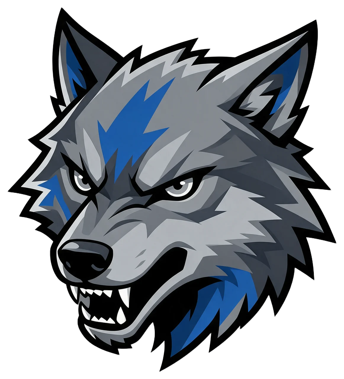 Snaring three-quarter view wolf head mascot illustration in grey and electric blue