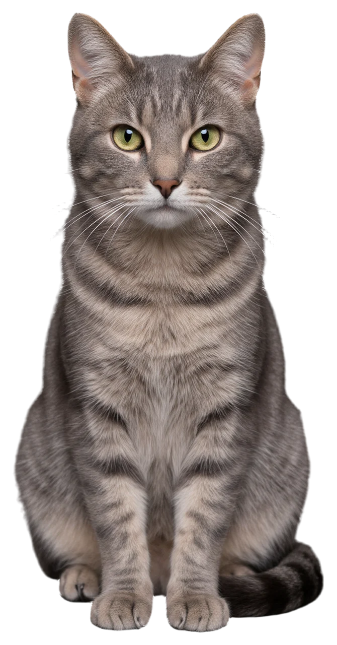 A grey tabby cat sits upright and looks directly at the camera with green eyes