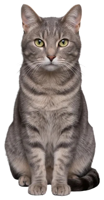 A grey tabby cat sits upright and looks directly at the camera with green eyes