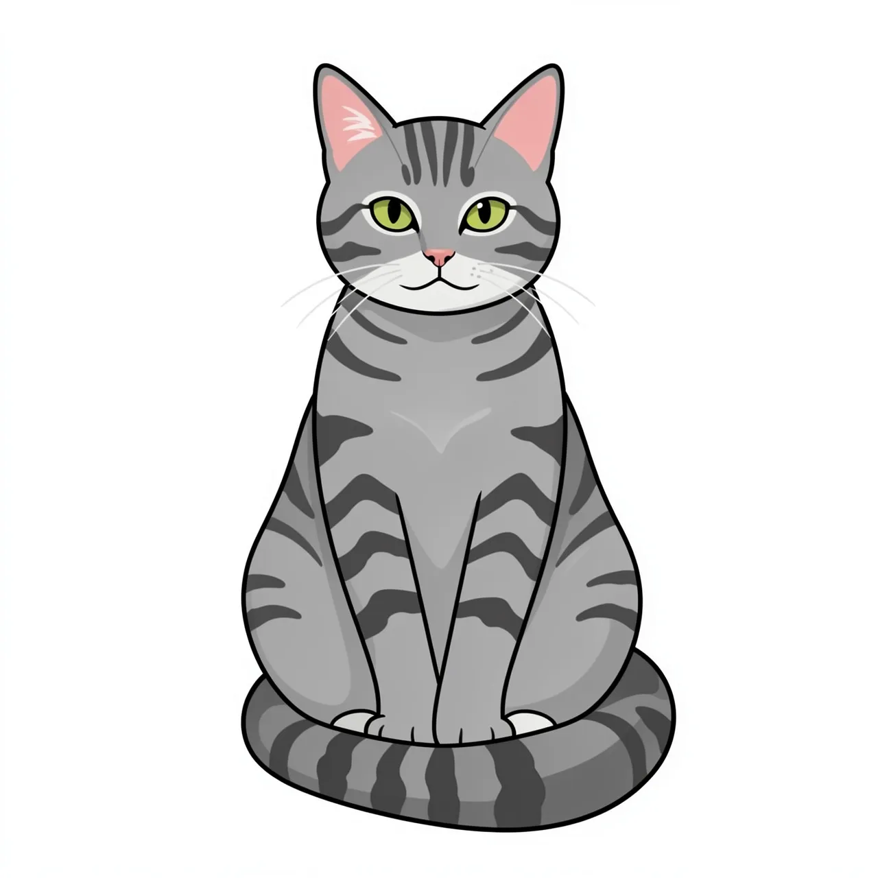 A flat clipart grey tabby cat sits upright with its tail wrapped around its paws on a plain white background