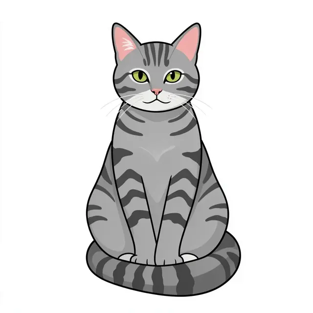 A flat clipart grey tabby cat sits upright with its tail wrapped around its paws on a plain white background