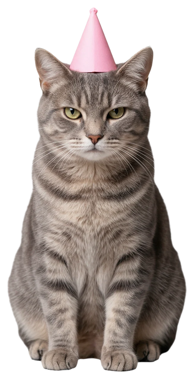 Serious grey tabby cat sits facing the camera wearing a small pink cone party hat