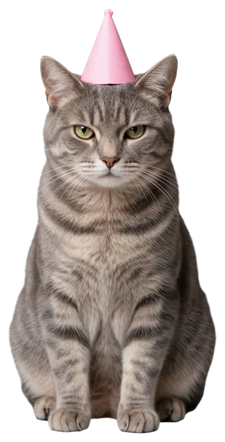 Serious grey tabby cat sits facing the camera wearing a small pink cone party hat