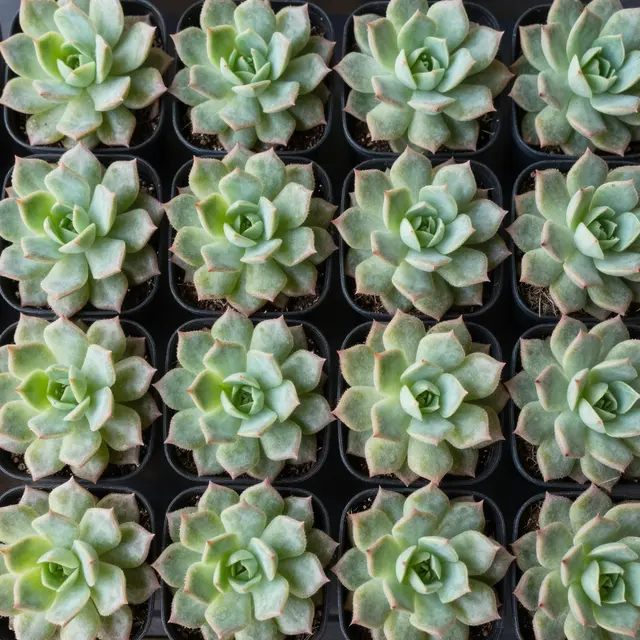 A top-down view of neatly arranged echeveria succulent plants in a 4x4 grid of small black nursery pots.