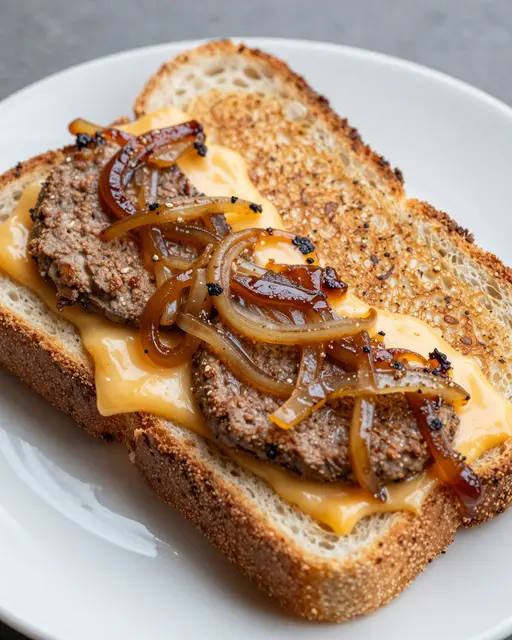 Close-up of a cut patty melt with melted cheese and caramelized onions served on a white plate.