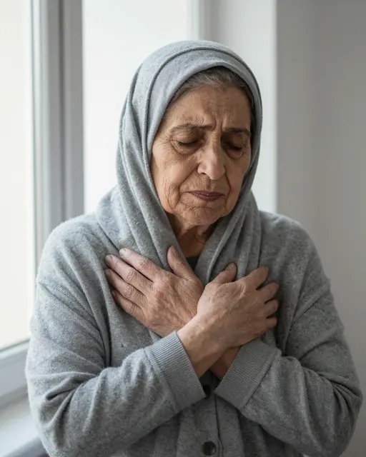 Elderly Middle Eastern woman with closed eyes holds a gray cardigan to her chest near soft window light