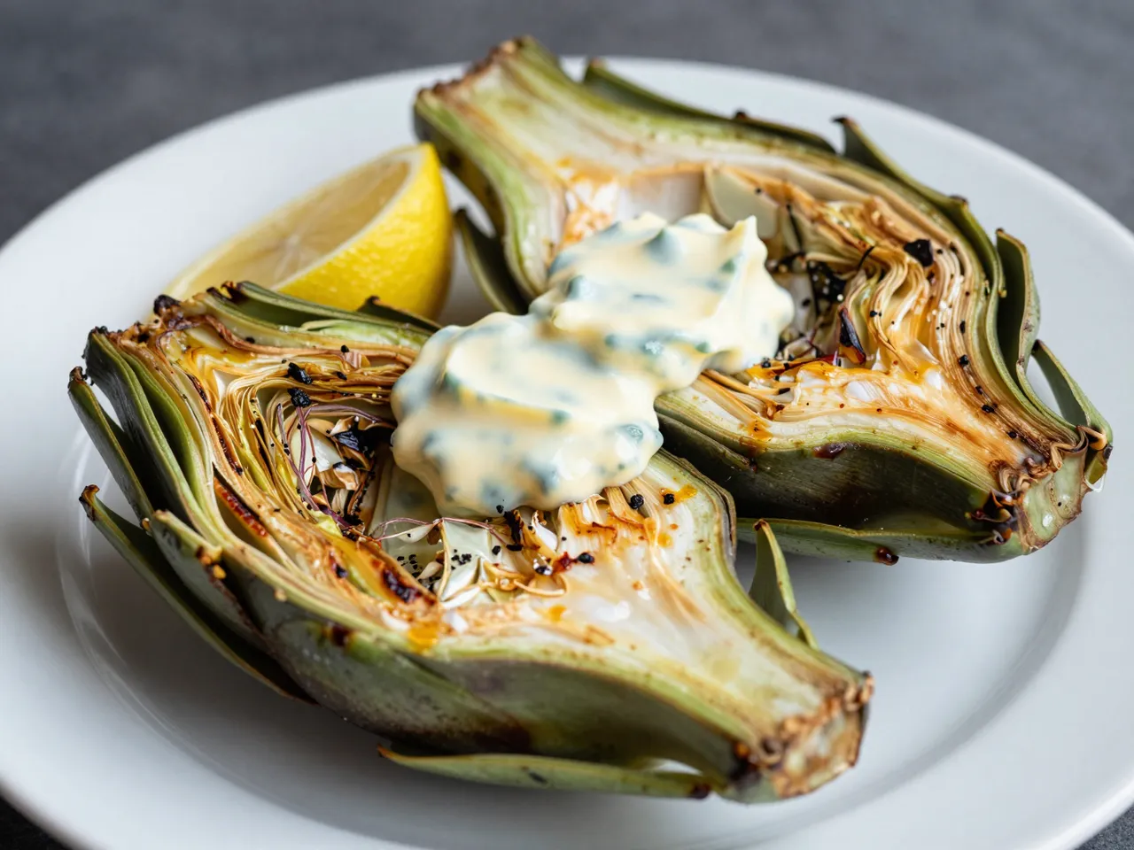 Two grilled artichoke halves topped with herbed aioli sit on a white plate next to a lemon wedge