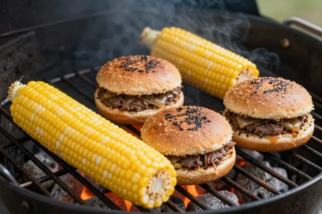 Burgers and ears of corn on the cob sizzle over glowing charcoal on a barbecue grill grate