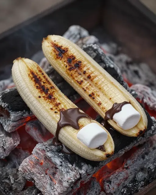 Two halved grilled bananas topped with melted chocolate and marshmallow rest over glowing campfire coals