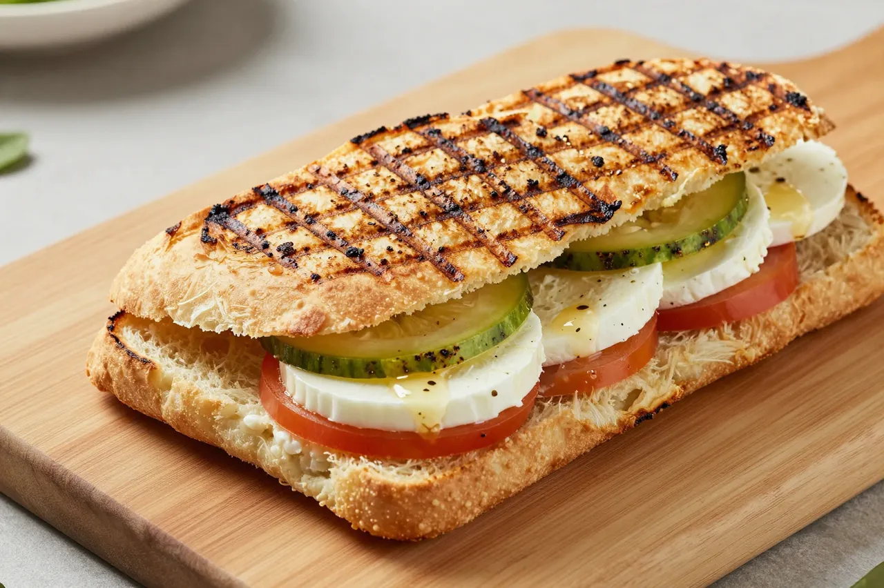 Toasted panini with distinct grill marks rests on a wooden cutting board, layered with tomato, cheese, and cucumber.