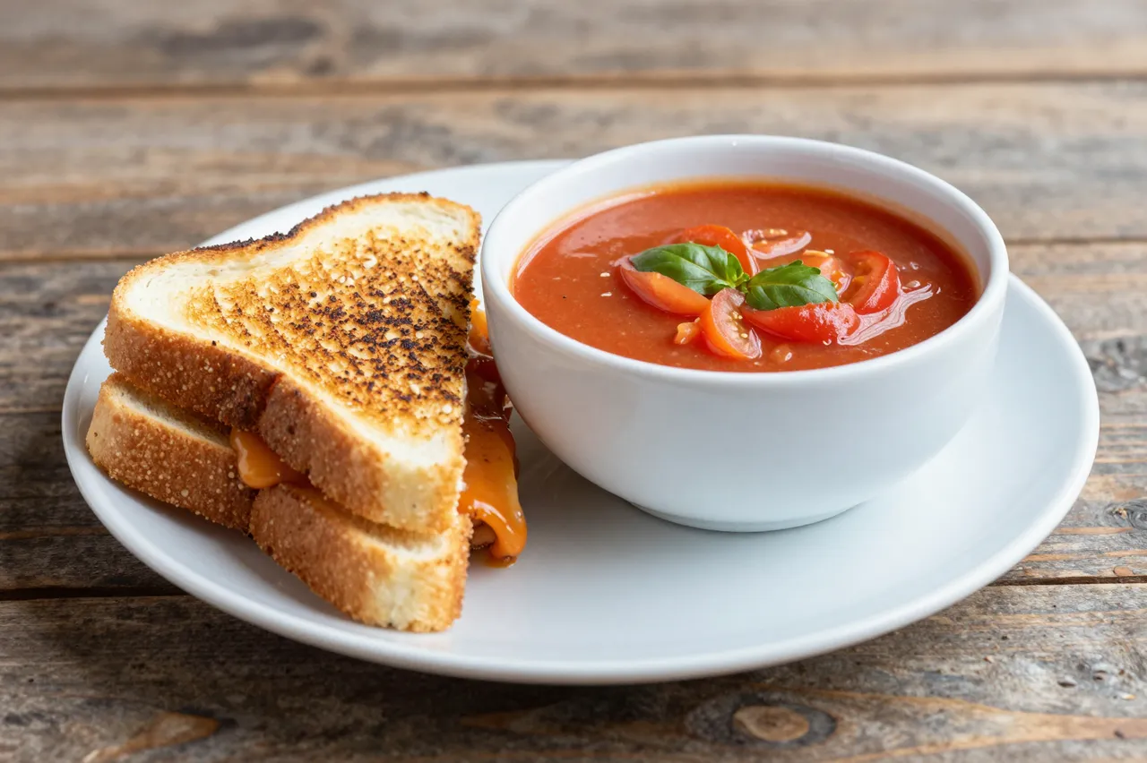 A plate with a bowl of tomato soup and a toasted grilled cheese sandwich sits on a rustic wooden table.