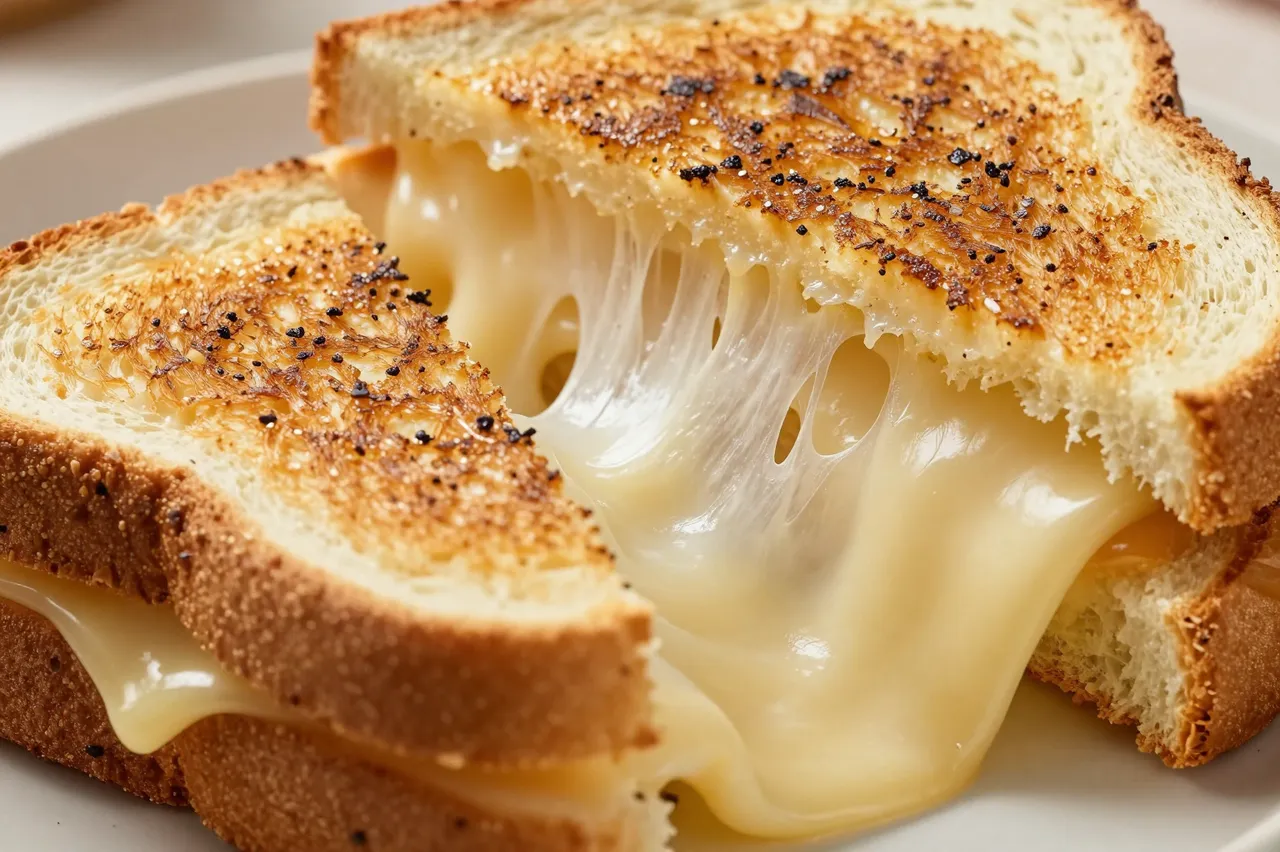 Close-up of a halved grilled cheese sandwich with a stretchy melted cheese pull between toasted bread slices on a light plate