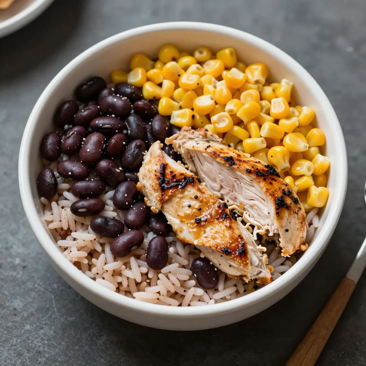 Top-down view of a burrito bowl with rice, black beans, corn and grilled chicken on a dark stone surface