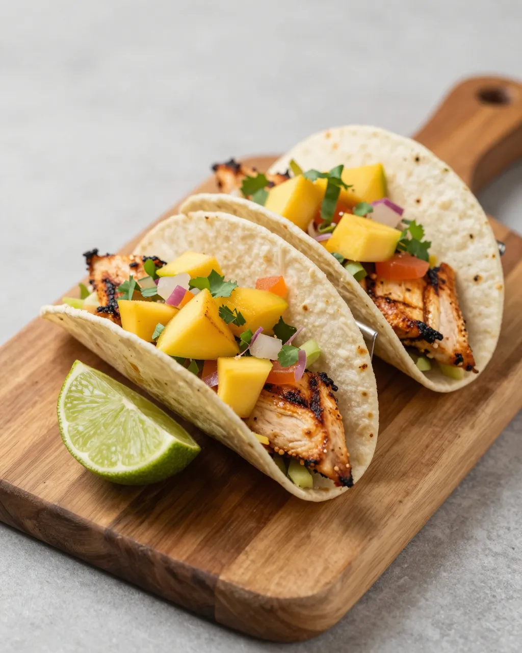 Two grilled chicken tacos with mango salsa and a lime wedge rest on a wooden serving board