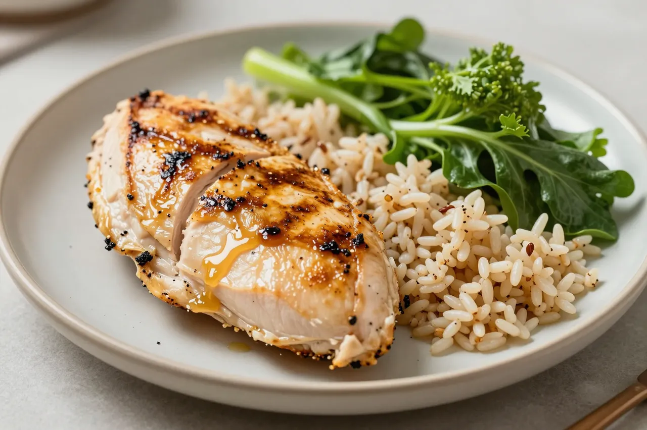 A light ceramic plate holds sliced grilled chicken, brown rice, and leafy green vegetables on a neutral tabletop.