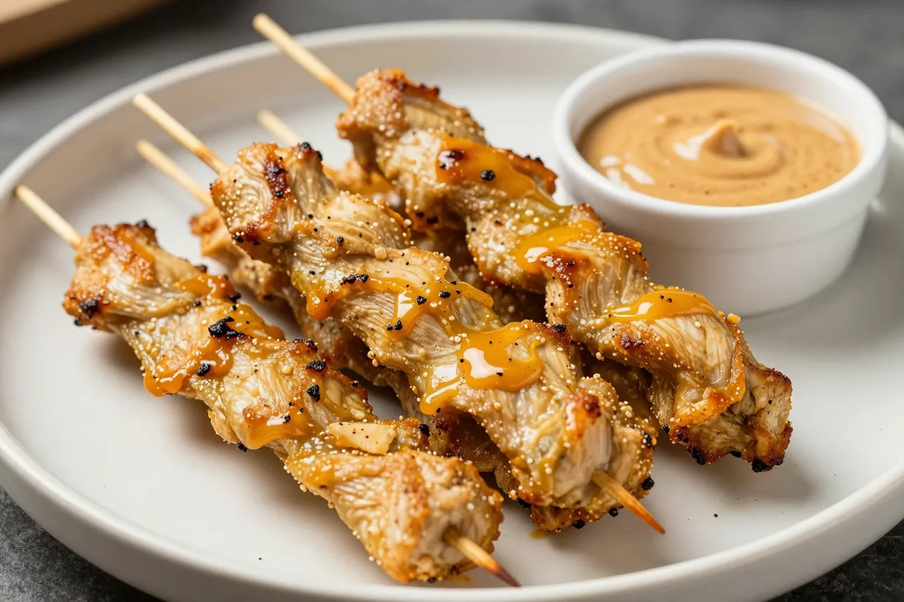 Grilled chicken satay skewers with drizzled sauce sit on a light plate next to a bowl of peanut dipping sauce
