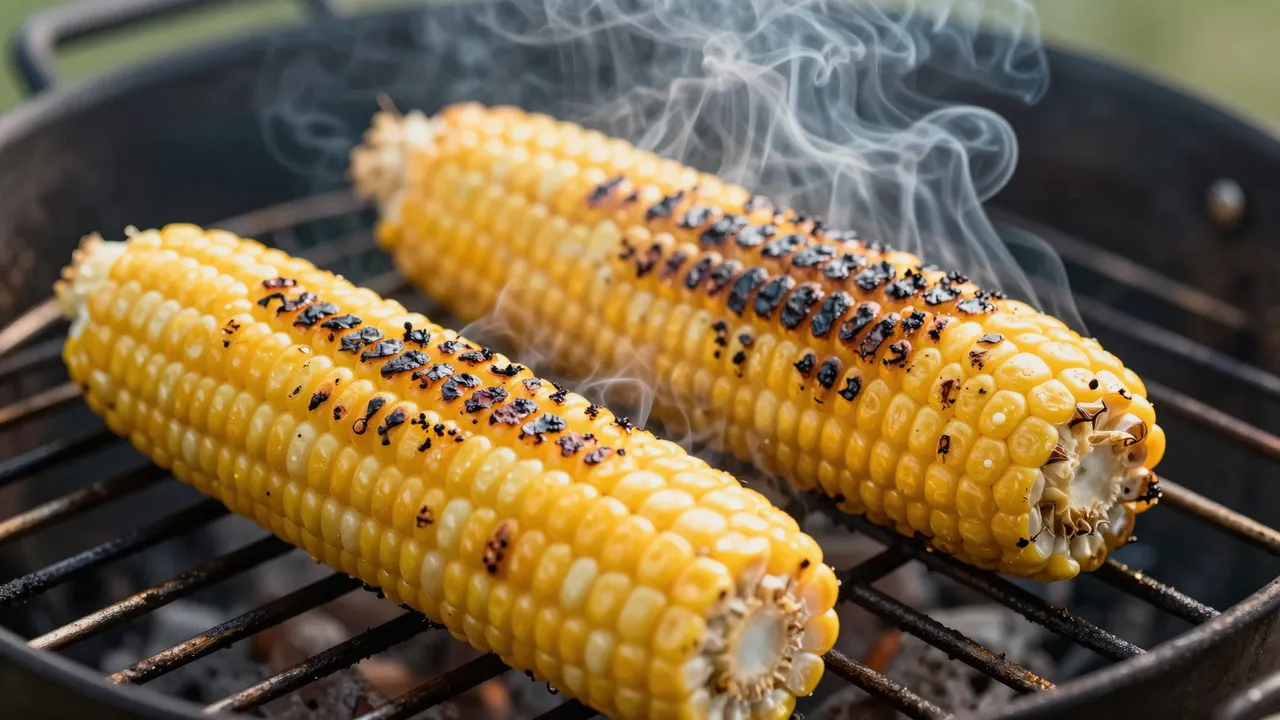 Two charred ears of corn on the cob smoke as they cook over a metal barbecue grill